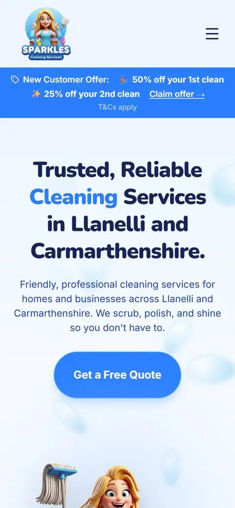 Sparkles Cleaning Services website on a phone