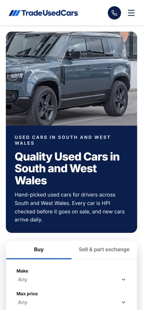 Trade Used Cars website on a phone