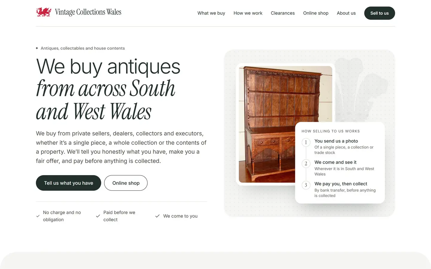 Vintage Collections Wales website on a desktop screen