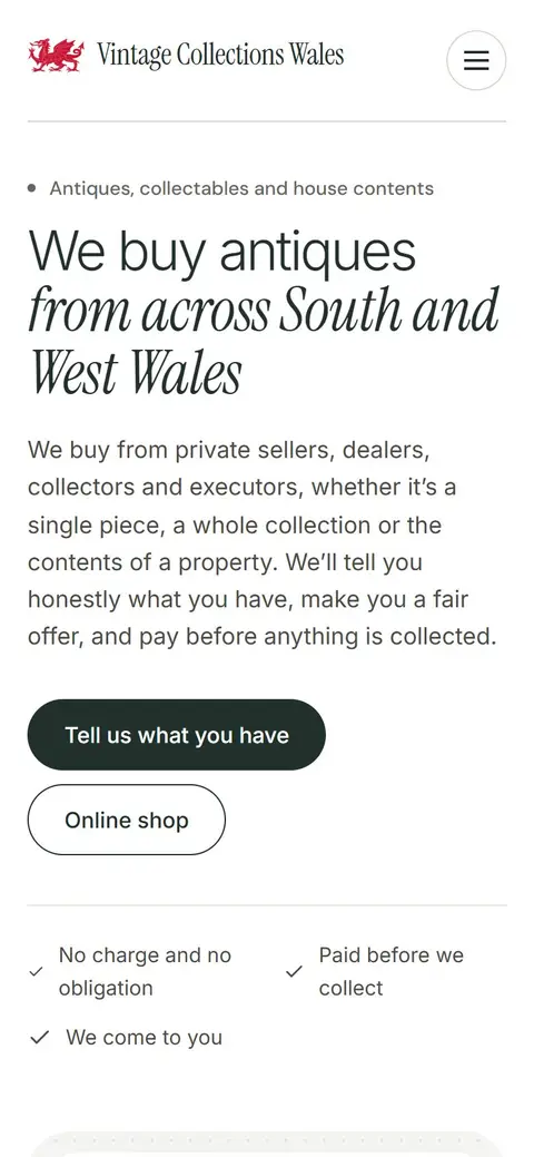 Vintage Collections Wales website on a phone